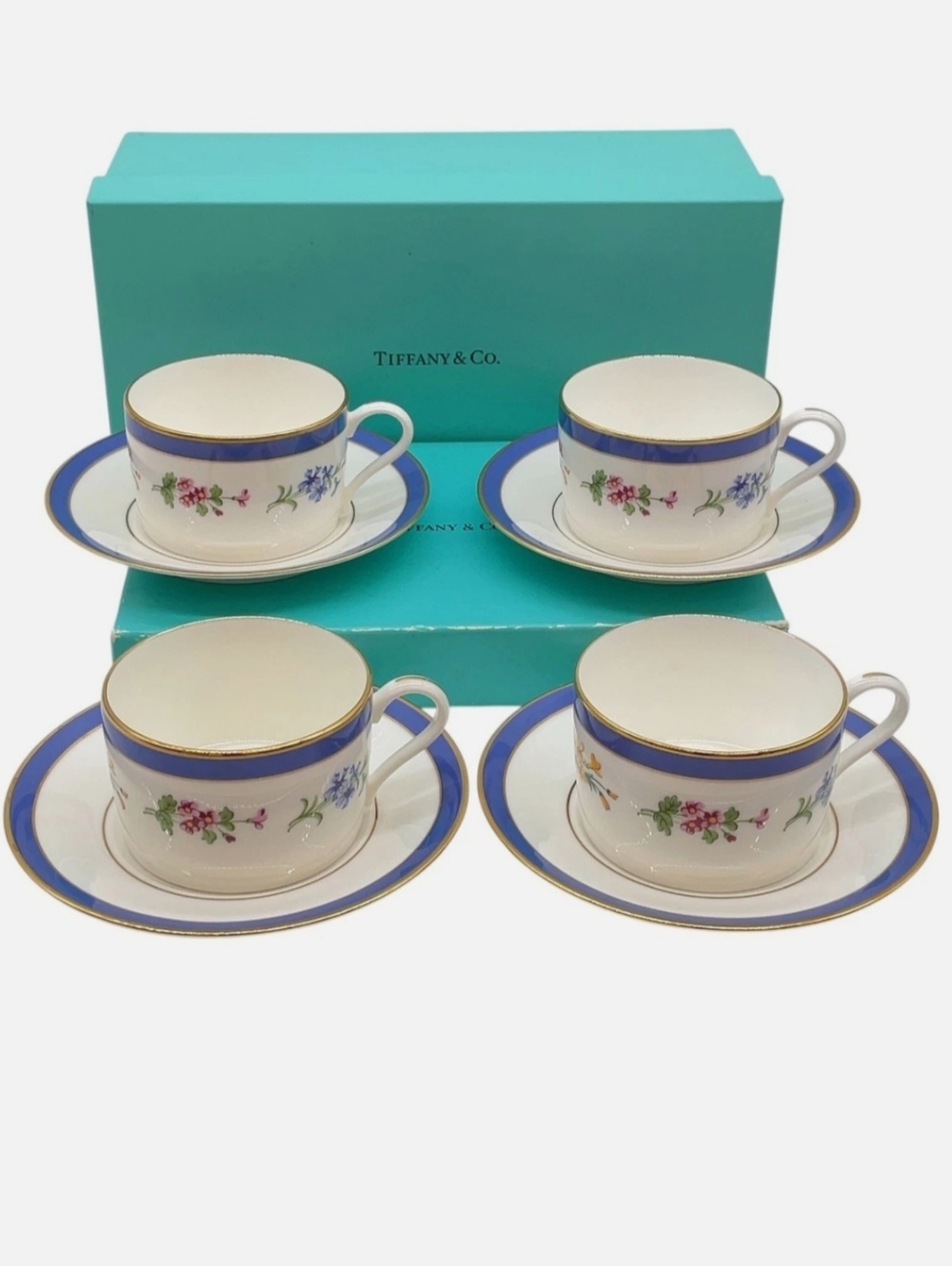 NIB Tiffany & Co. Porcelain Tea Cups and Saucers - Blue Trim Floral (Set of 4)